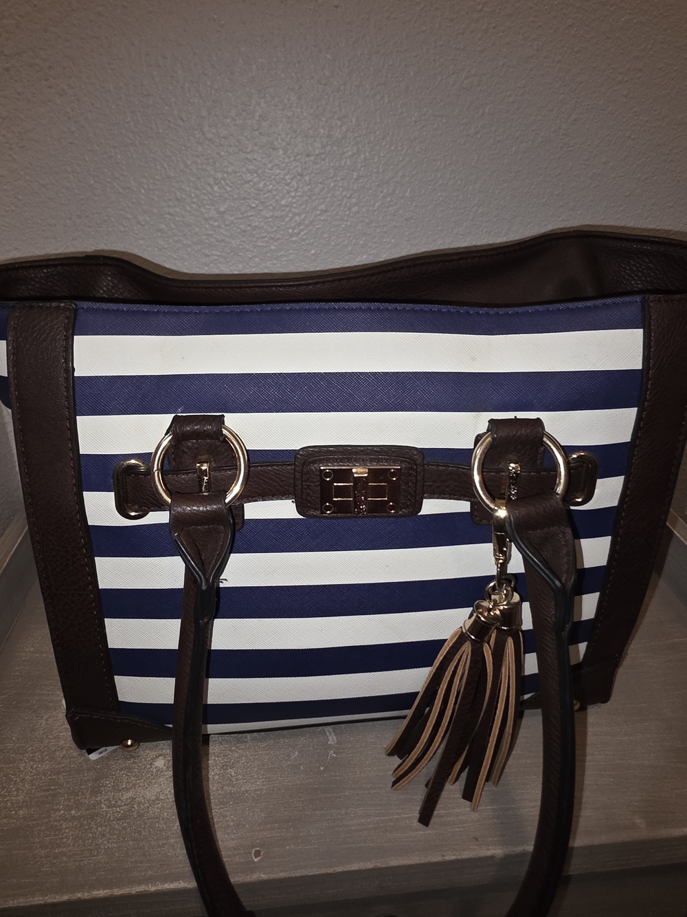 Striped Navy and White, Conceal Carry Tote with Dark Brown Trim